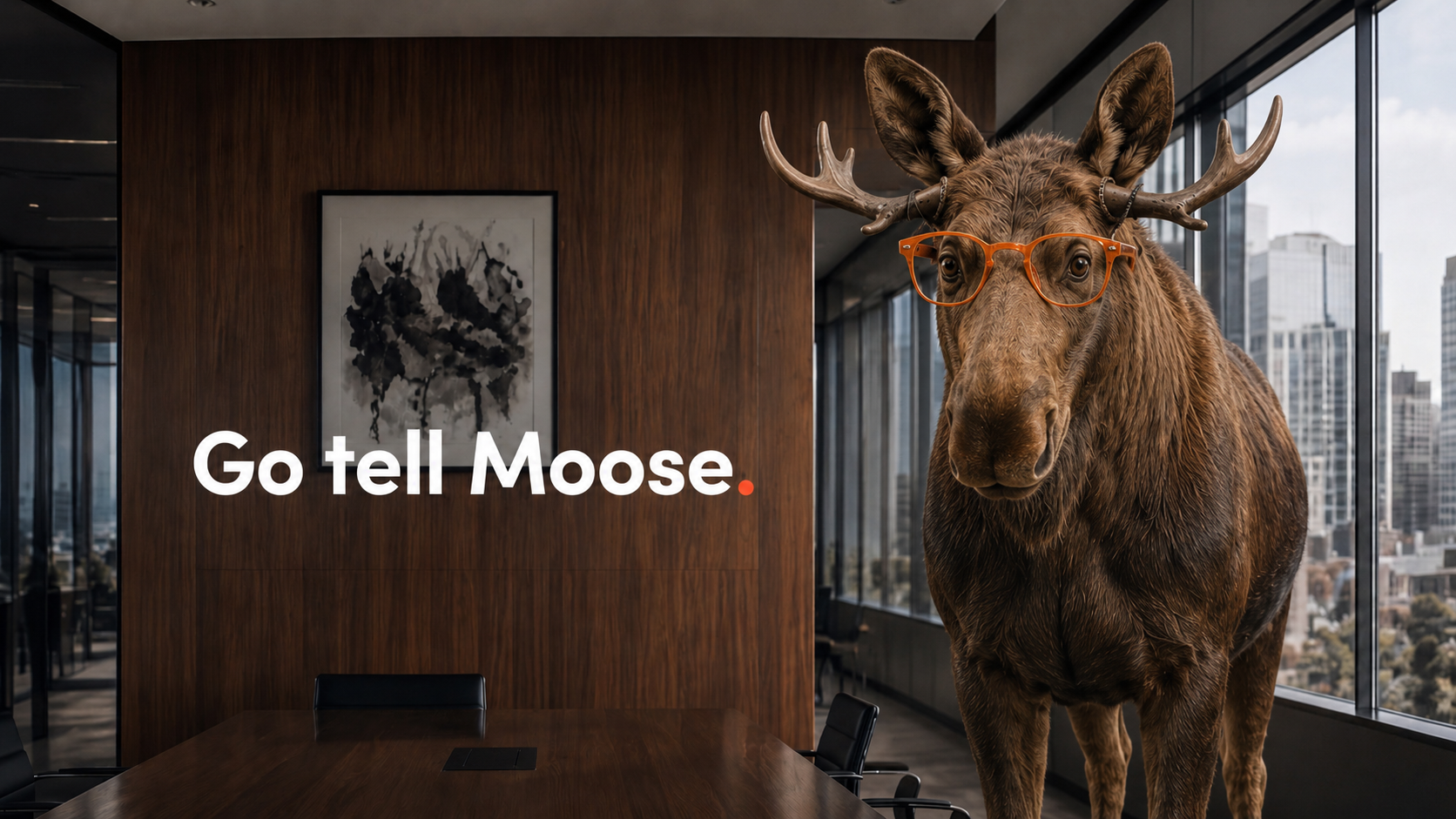 A moose wearing orange glasses in a boardroom beside the words Go tell Moose.