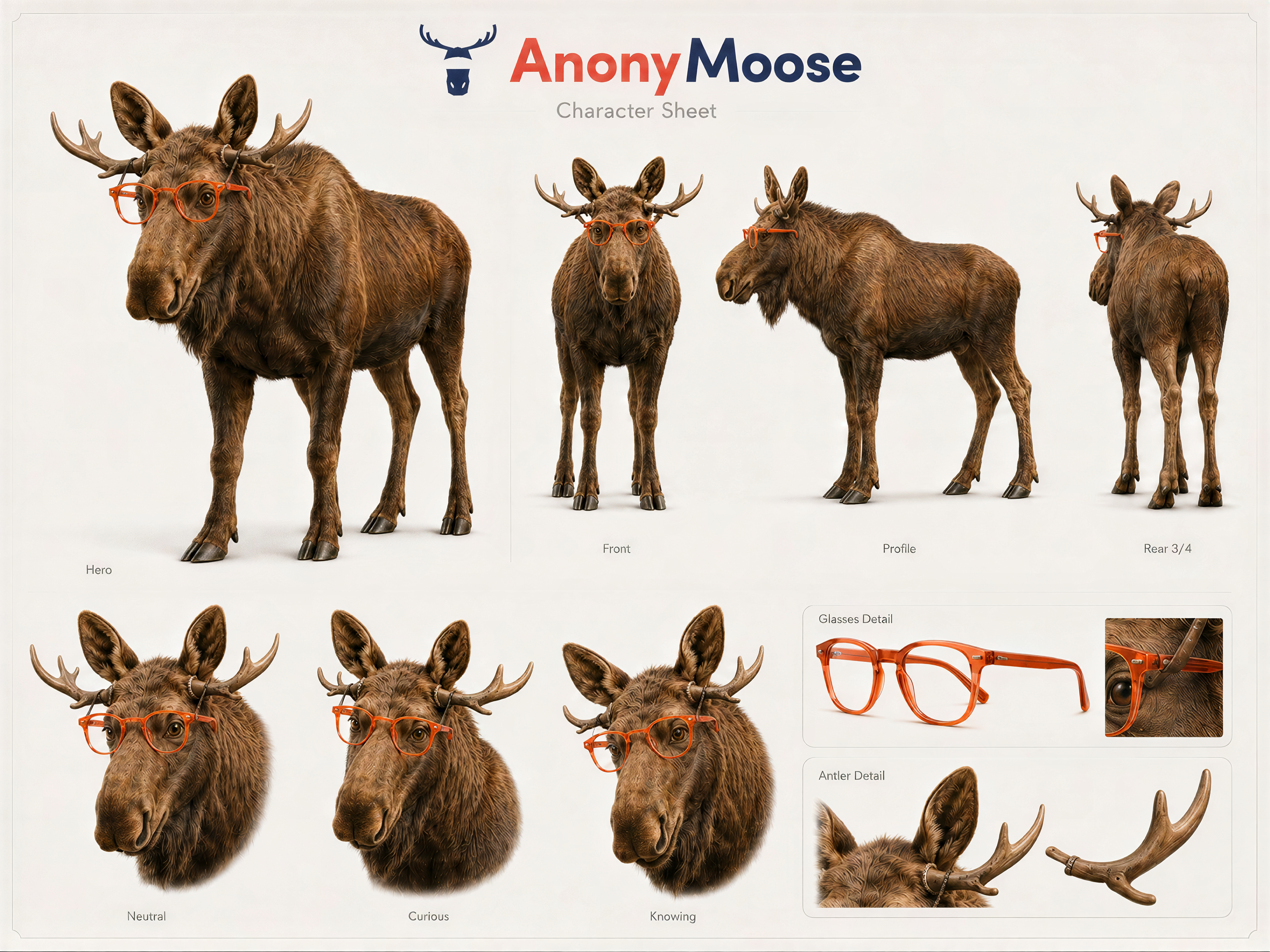 AnonyMoose character sheet showing the moose from several angles and expressions.