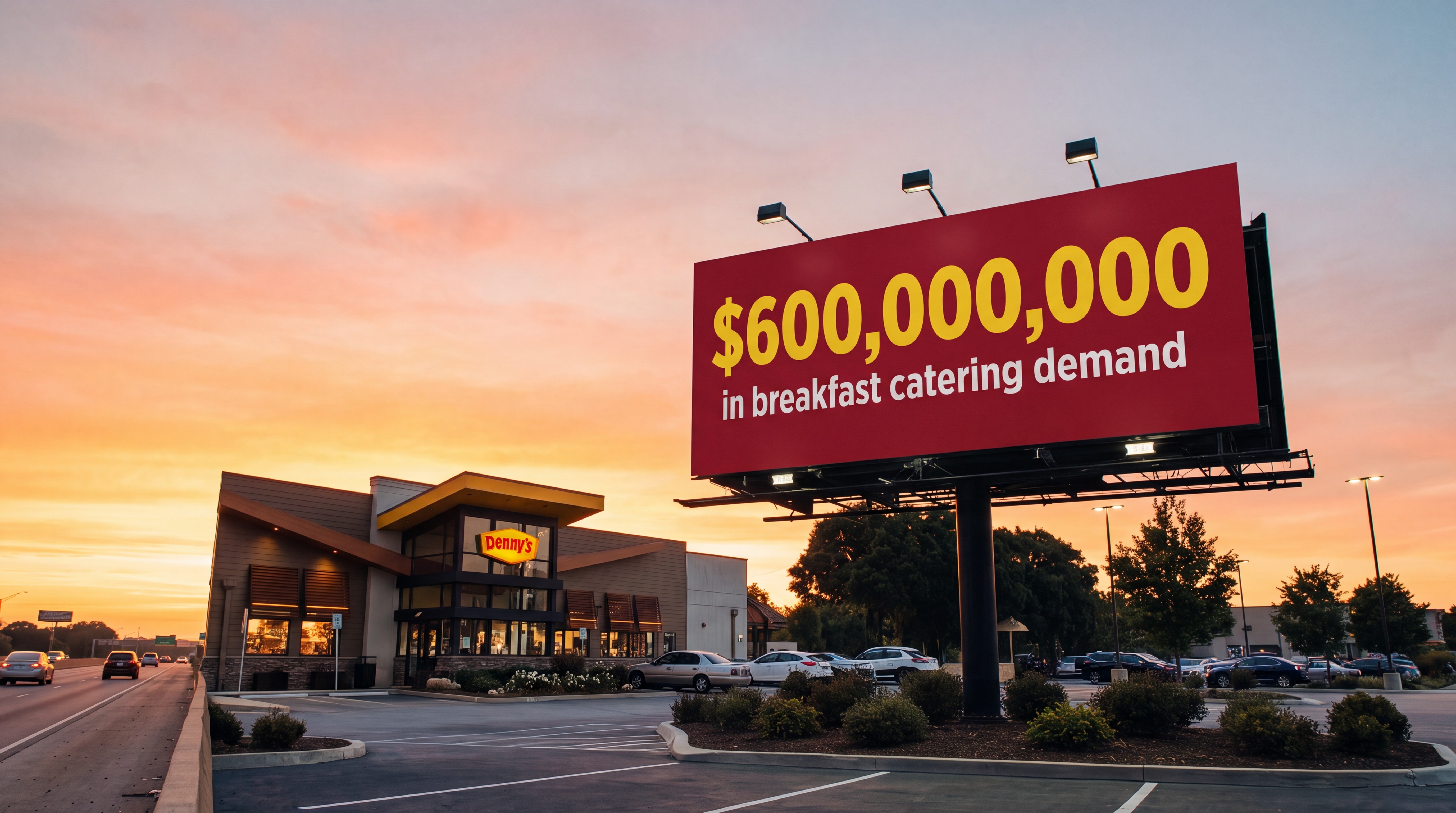 Denny's restaurant at sunrise with a billboard about breakfast catering demand.