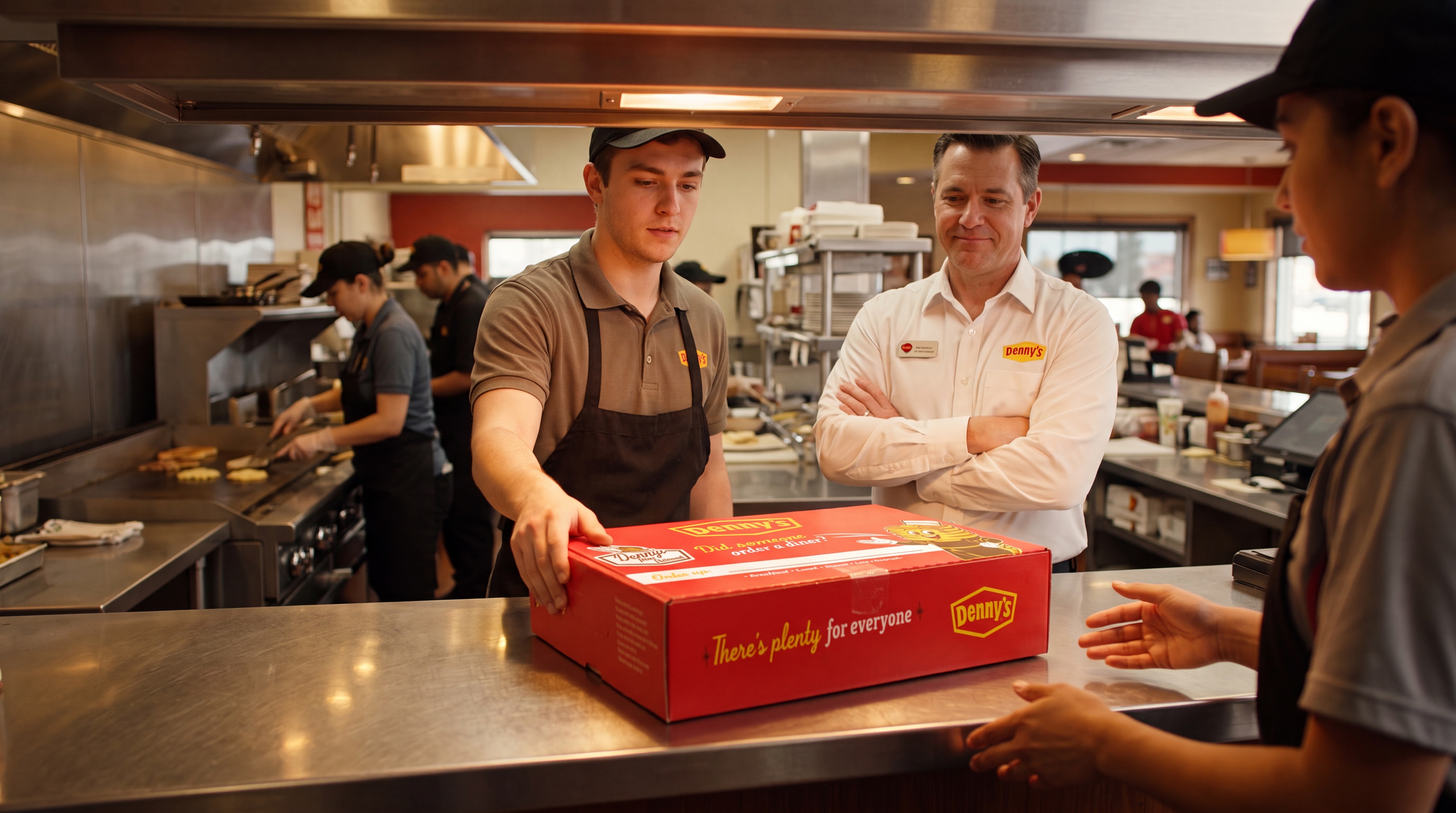 A Denny's kitchen team handing a catering box to a driver.