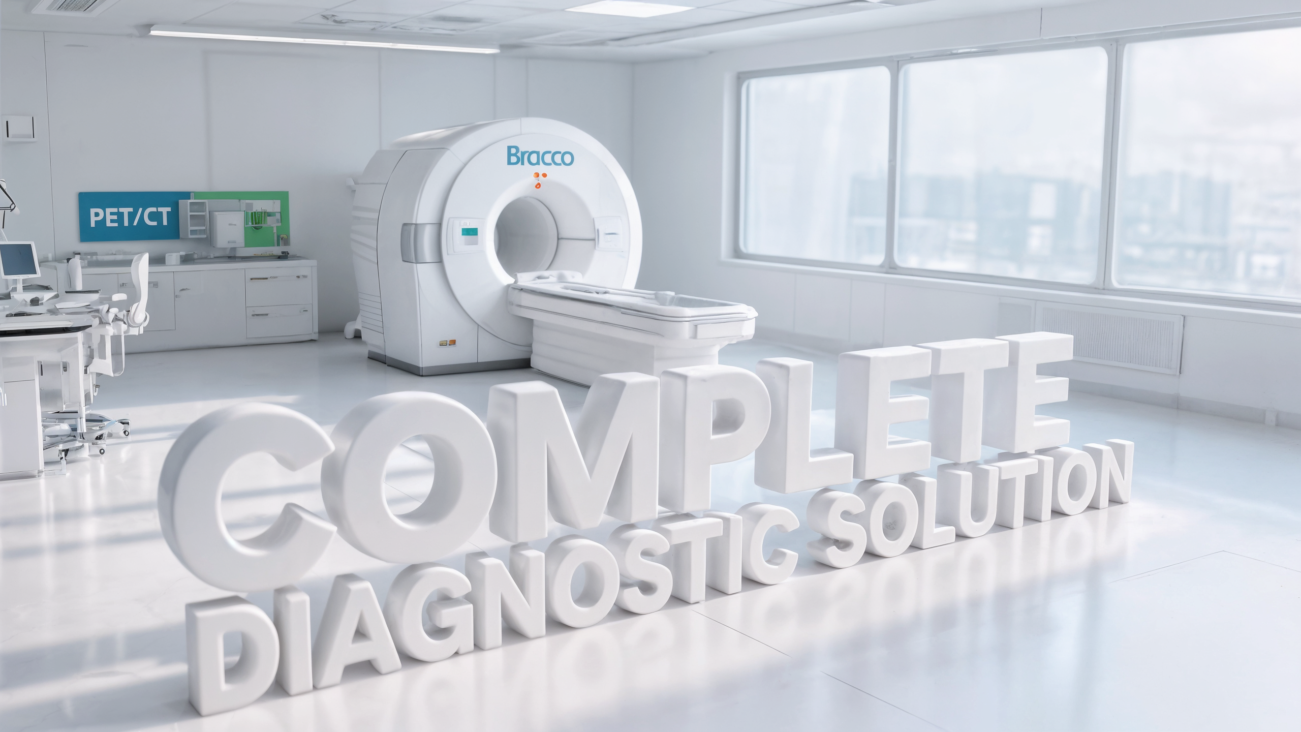 A bright Bracco diagnostic imaging room with a PET/CT scanner.