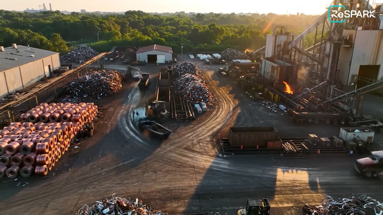 Aerial film frame of a working scrap yard at sunset.