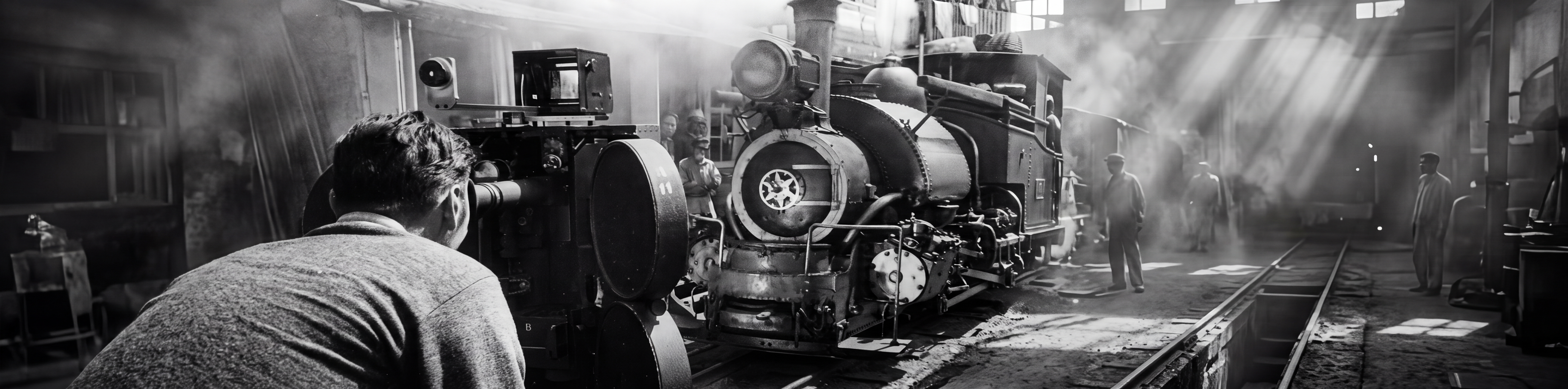 A film camera operator shooting a steam locomotive inside an industrial railway workshop
